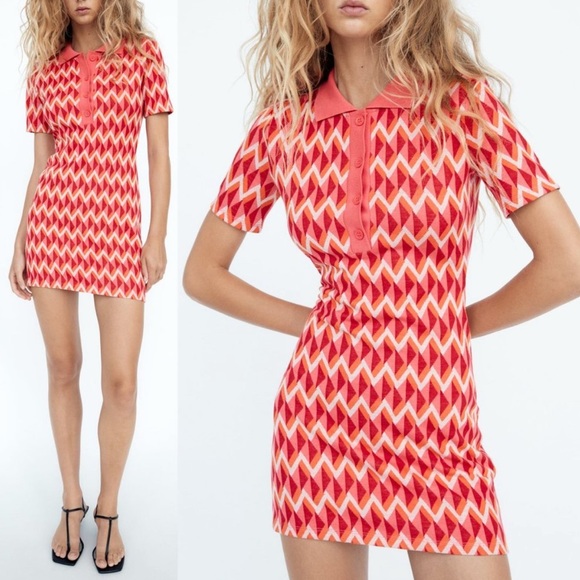 RARE! NWT Zara Jacquard Printed Mod Button-Up Knit Collared Polo Dress (S/XS) - Picture 5 of 8